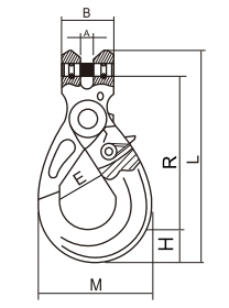 Hak bezpieczny XCBW klasy 10 – rysunek wymiarowy A, B, E, H, R, M i L