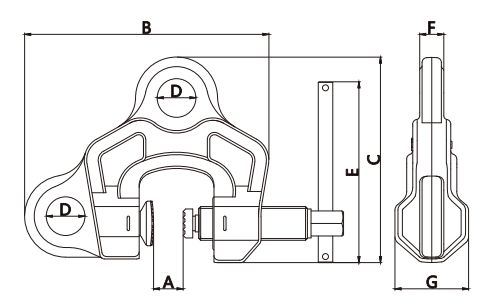 Uchwyt śrubowy CUD – budowa i oznaczenia wymiarów A, B, C, D, E, F i G